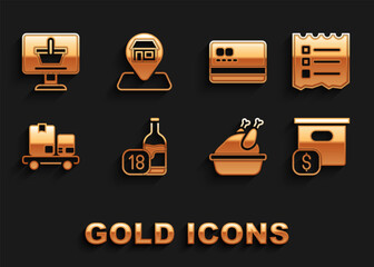 Set Wine bottle, Shopping list, Carton cardboard box with price, Roasted turkey or chicken, Hand truck and boxes, Credit, cart computer and Location Market store icon. Vector