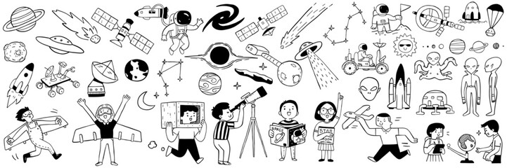 Children dream and learning about outer space, astronomy, cosmos, stars, solar system, planets, alien, ufo, etc. Cute character doodle, black and white ink style, outline, linear, thin line art.