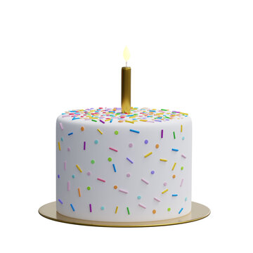 Festive white cake with a candle, decorated with colorful sugar sprinkles. Isolated illustration on white background, 3d rendering