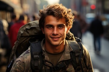 Fototapeta premium A happy young soldier returning home from the army
