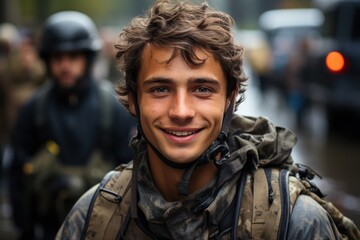 Fototapeta premium A happy young soldier returning home from the army