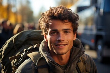 Fototapeta premium A happy young soldier returning home from the army