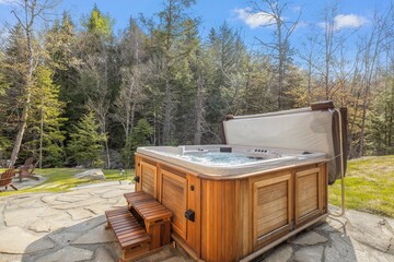 Hot tub situated on a wooden patio, surrounded by lush greenery and a wooden picnic table nearby