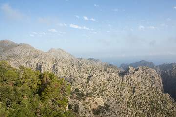 Hiking holidays Mallorca, Spain. Beautiful picture with landscape of Serra de Tramuntana mountains in the island of Majorca in Mediterranean sea. Paradise for bikers. Adventure travel.