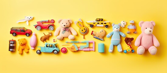 Fototapeta premium collection of baby and kids toys placed on a pastel yellow background. The photograph is taken from