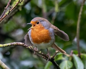 Brown European robin perched atop a branch in a lush green tree