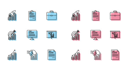 Set line Pie chart infographic and coin, Rocket flying up on coins growth, Resume, Computer monitor with resume, Board, Target symbol and Clipboard icon. Vector