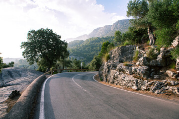Hiking holidays Mallorca, Spain. Beautiful picture with landscape of Serra de Tramuntana mountains in the island of Majorca in Mediterranean sea. Paradise for bikers. Adventure travel.