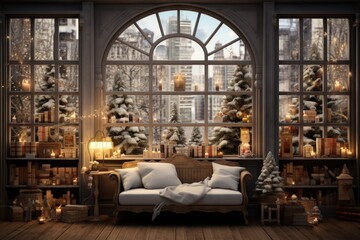 Fototapeta na wymiar Stylish interior with beautiful Christmas tree and decorative fireplace. Generative Ai.