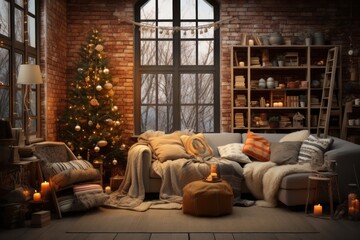 Stylish interior with beautiful Christmas tree and decorative fireplace. Generative Ai.