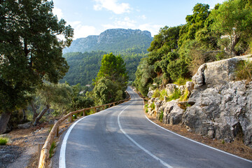 Hiking holidays Mallorca, Spain. Beautiful picture with landscape of Serra de Tramuntana mountains in the island of Majorca in Mediterranean sea. Paradise for bikers. Adventure travel.