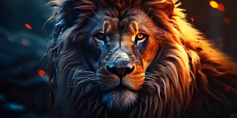 Naklejka premium Regal Roar: A Close-Up Lion Portrait