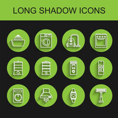 Set line Remote control, Kitchen extractor fan, Citrus fruit juicer, Smart watch showing heart beat rate, Electric heater, Double boiler, and icon. Vector