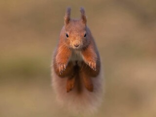 Red squirrel jumping in the air