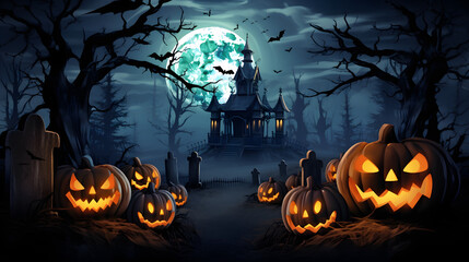 Fototapeta premium halloween background with pumpkin, castle, spooky, mysterious haunted house - Generative Ai