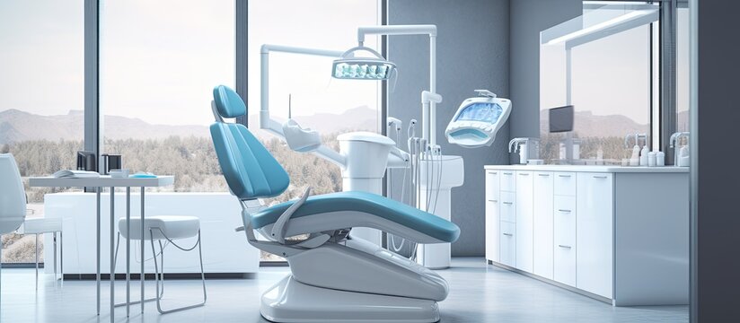 dental office with a dentist chair and equipment is shown with a blurred background and space for adding