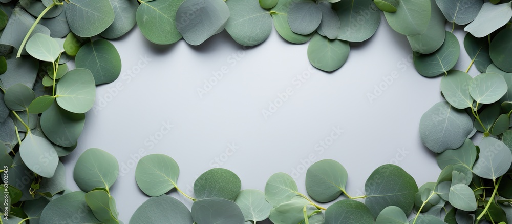 Aufkleber green eucalyptus leaves arranged on a stone table with a frame made of eucalyptus branches. captured