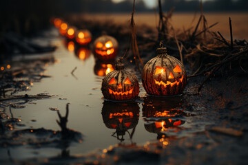 Spooky Halloween: Glowing Jack O'Lanterns in a Puddle