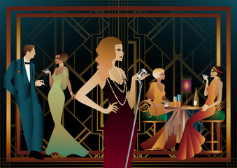 Sexy young girl singer singing with silver retro microphone on dark background. art deco party