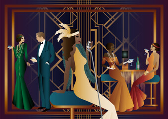 Sexy young girl singer singing with silver retro microphone on dark background. art deco party