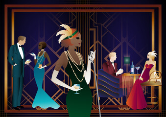 Sexy young girl singer singing with silver retro microphone on dark background. art deco party