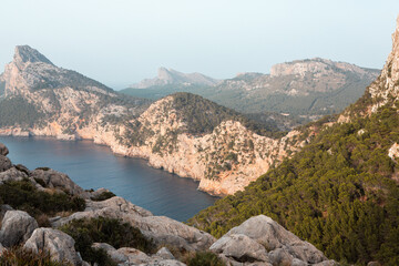 Hiking holidays Mallorca, Spain. Beautiful picture with landscape of Serra de Tramuntana mountains in the island of Majorca in Mediterranean sea. Paradise for bikers. Adventure travel.