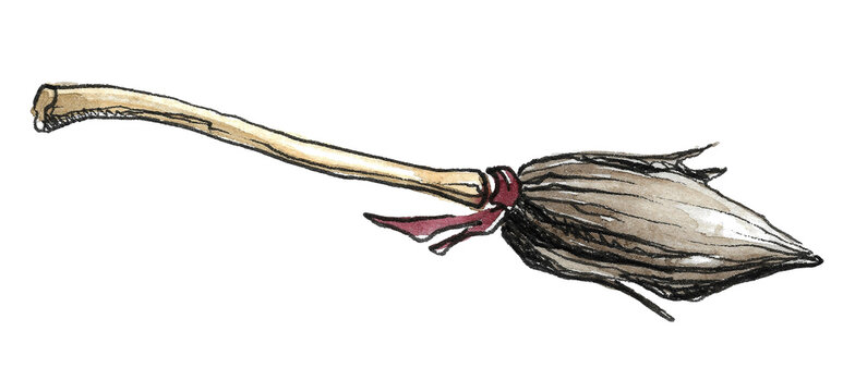 items for halloween decor. a broom with a brown long handle made from a branch of a tree, with a black broom wrapped in a burgundy ribbon. hand drawn watercolor illustration 