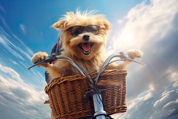 A small dog sits in a bicycle basket with an action effect. With Generative AI technology