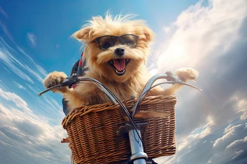 Fotobehang Fiets A small dog sits in a bicycle basket with an action effect. With Generative AI technology