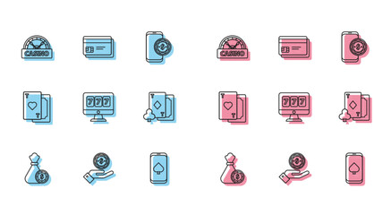 Set line Money bag and casino chips, Hand holding, Casino signboard, Online poker table game, slot machine with lucky sevens jackpot, Playing card diamonds, heart and Credit icon. Vector