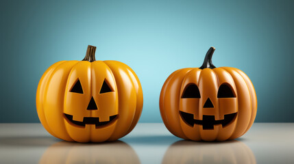Jack-o'-lantern in the style of vibrant yellow. Light blue background