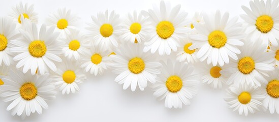 Daisies, white flowers with yellow centers, create a spring or summer background with room for text.