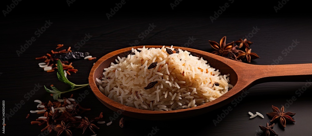 Aufkleber uncooked surti kolam rice with a wooden spoon on a black background. there is empty space for text