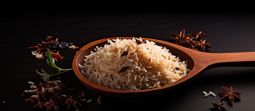 uncooked Surti Kolam rice with a wooden spoon on a black background. There is empty space for text