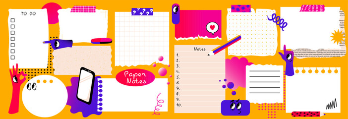 Paper notes with doodle elements. Set with blank Paper sticky notes for to do list, reminders, scheduler. Pencils, funny forms. Vector illustration. 
