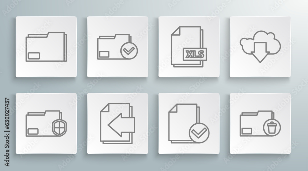 Poster set line document folder protection, and check mark, next page arrow, delete, xls file document, clo
