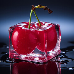 A captivating special angle shot of an ice cube and a plump Cherry, showcasing the deep red color and the glossy surface of the fruit