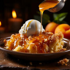 A comforting special angle commercial shot of a piping hot serving of Peach Cobbler, showcasing the golden crust and the juicy peach filling