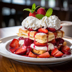 A delectable special angle commercial shot of a beautifully plated Strawberry Shortcake
