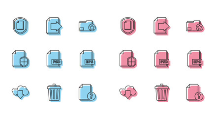 Set line Cloud download, Trash can, Document protection concept, Unknown document, PSD file, EPS, and Next page arrow icon. Vector