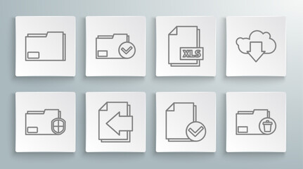 Set line Document folder protection, and check mark, Next page arrow, Delete, XLS file document, Cloud download and icon. Vector