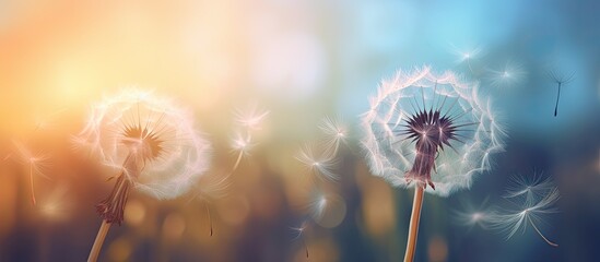 A soft-focus, natural pastel background featuring a Morpho butterfly and a dandelion. The image showcases