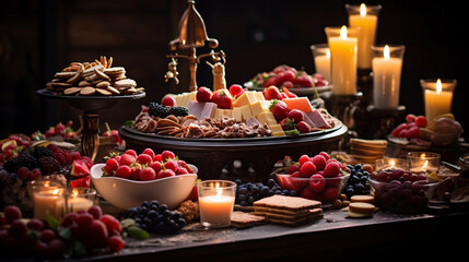 A delectable special angle commercial shot of a sumptuous Dessert Table Decor, featuring an array of delectable treats and delicacies