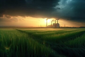 bioenergy plant, with towering biomass burners and smoke rising into the air