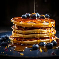 A delightful special angle commercial shot of a stack of fluffy Blueberry Pancakes, showcasing the golden-brown edges and the burst of blueberries throughout