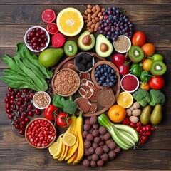 Healthy food selection. Super foods on table. Breakfast in a bowls with fruits, fresh berries, organic seeds and nuts. Vegan diet concept.Generative AI