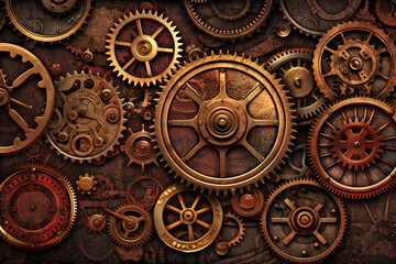 Fototapeta na wymiar Steampunk background with gears and cogwheels, Generative AI