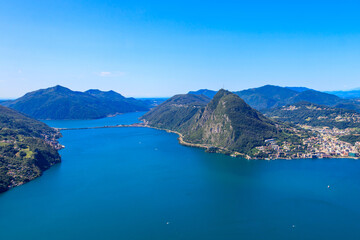 Fototapeta na wymiar Scenic view of lake Lugano from Monte Bre mountain in Ticino canton, Switzerland