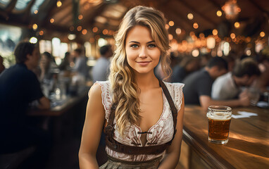 Sexy blonde woman with a mug of beer at Oktoberfest. Dressed in traditional Bavarian Dirnd costume, in a German tavern or bar with many people in the background.