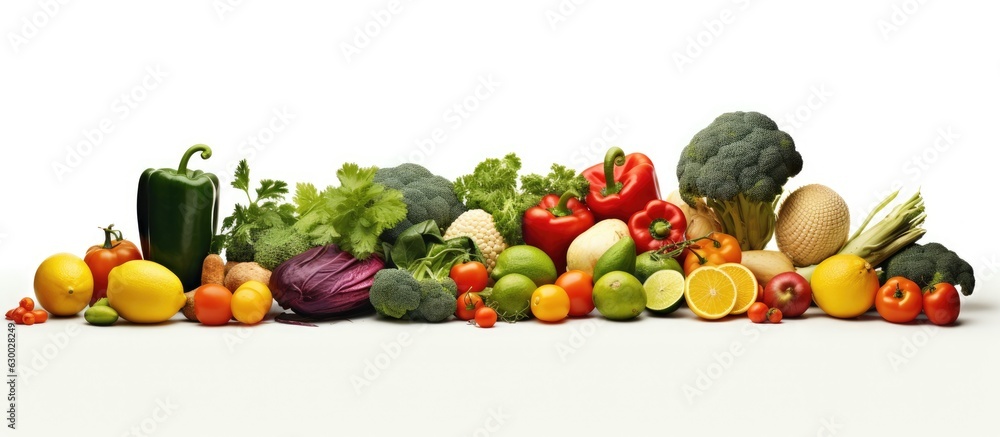 Poster various fruits and vegetables isolated on a white background. the background is plain with no specia